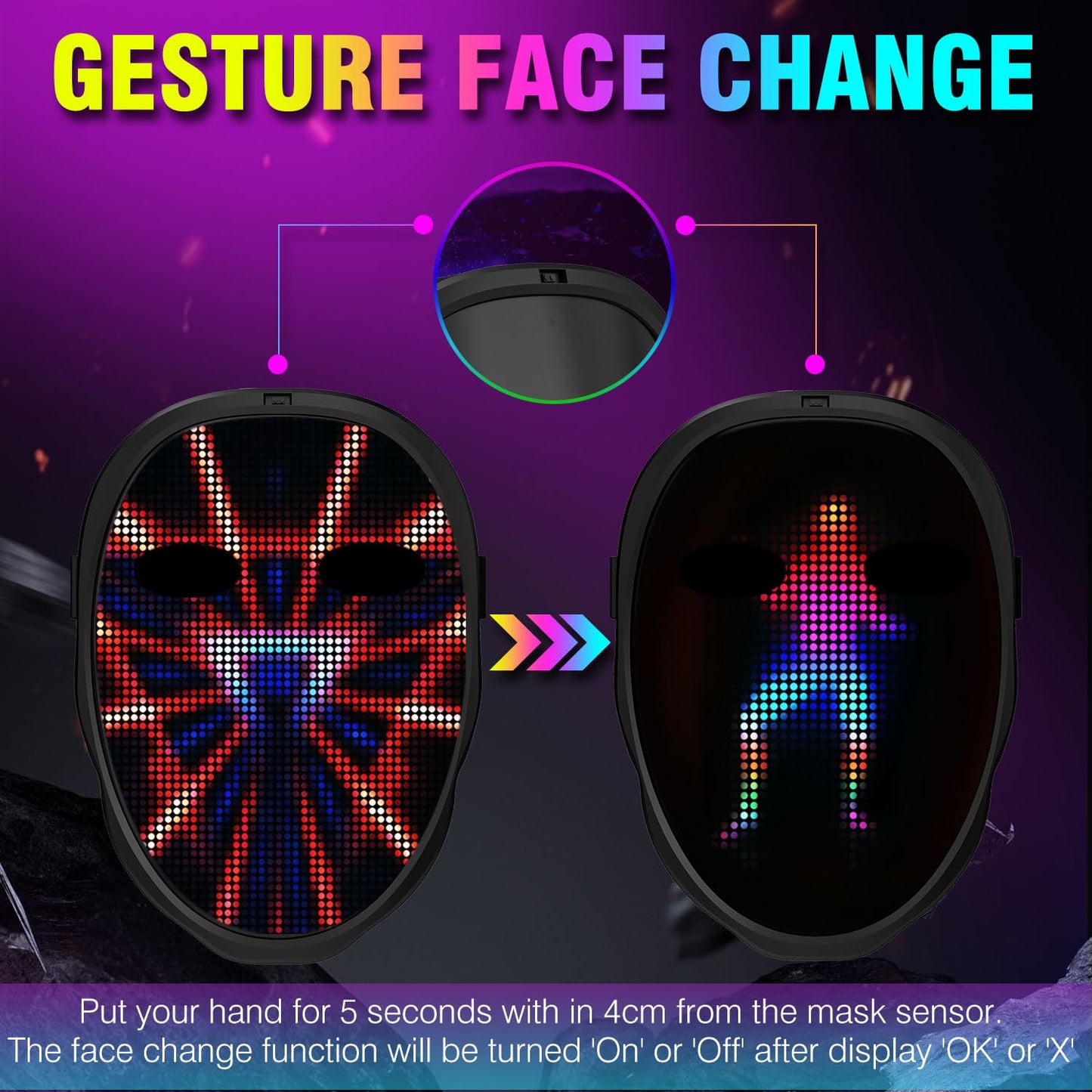MEGOO Led Mask with Bluetooth Programmable App,Shining Led Light Up Face Mask for Adult Kid Halloween Masquerade Party (USB Recharge)