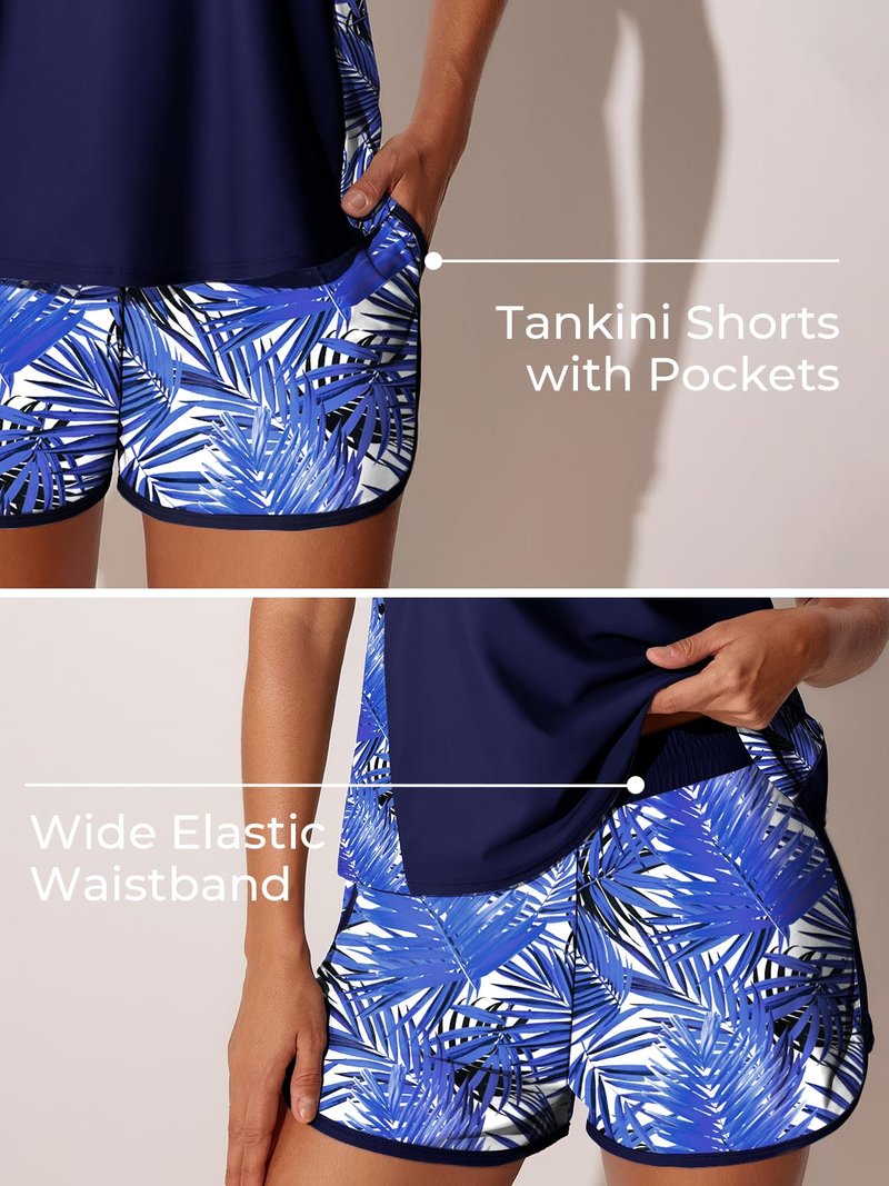 Summer Mae Plus Size Tankini Swimsuits for Women 2026 Tummy Control Two Piece Bathing Suits with Pockets Swim Shorts Azure Leafsea Size 22 Plus