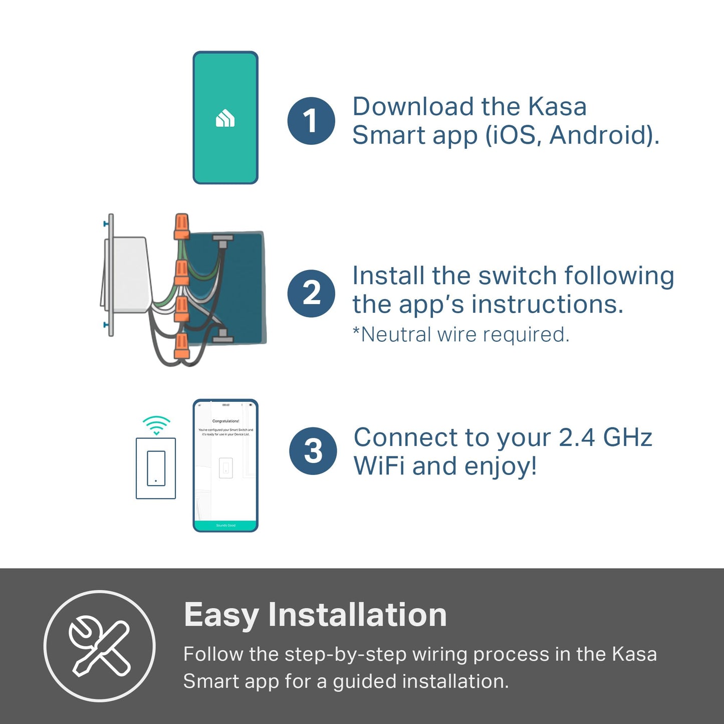 Kasa Smart Light Switch HS200, Single Pole, Needs Neutral Wire, 2.4GHz Wi-Fi Light Switch Works with Google Home, UL Certified, No Hub Required, White