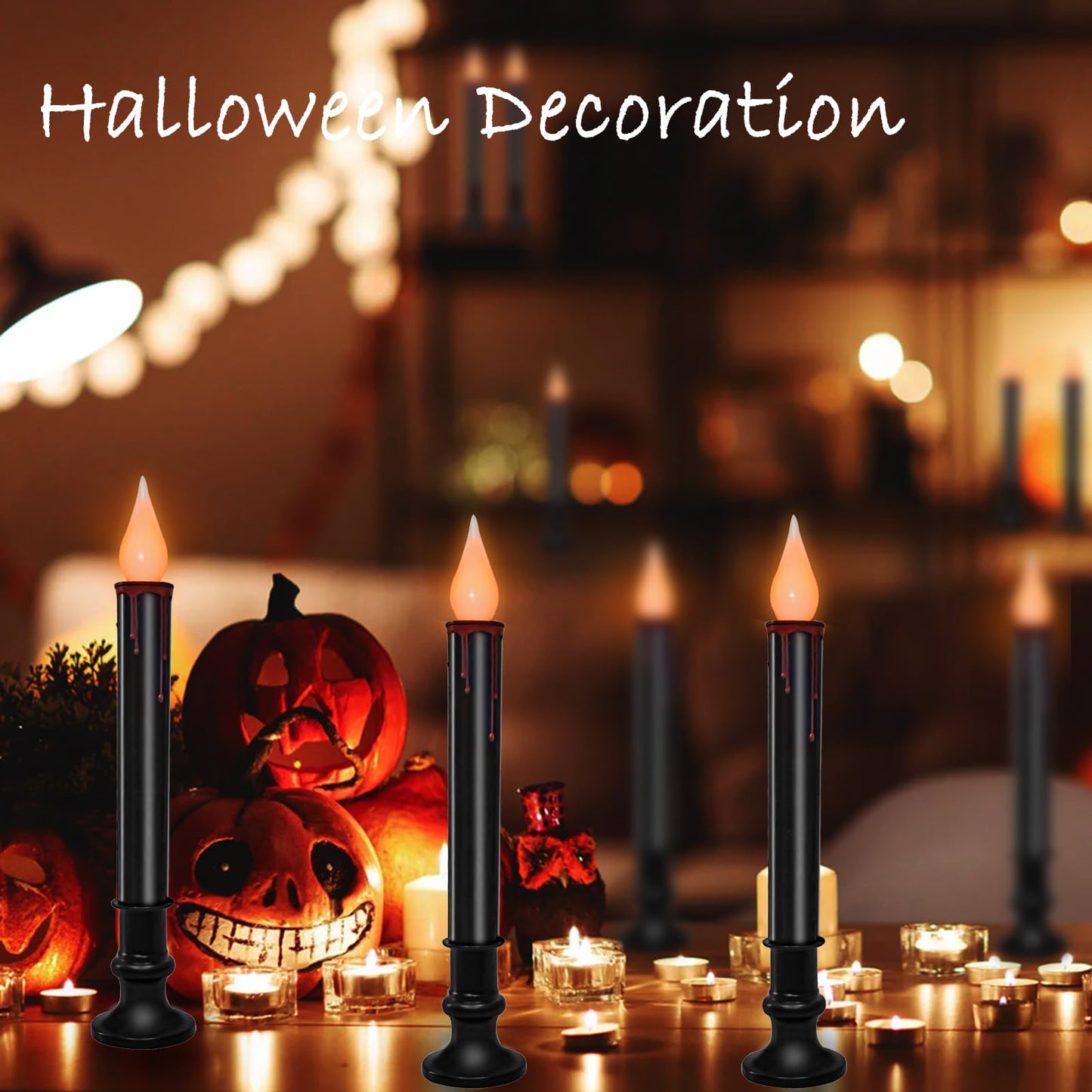 SUNSGNE 9'' Halloween Window Battery Operated Candle Lights with LED Flameless Flicker Lights, Black Candles Automatic Timer Lamps for Indoor Windows Dining Table Decor, Pack of 10