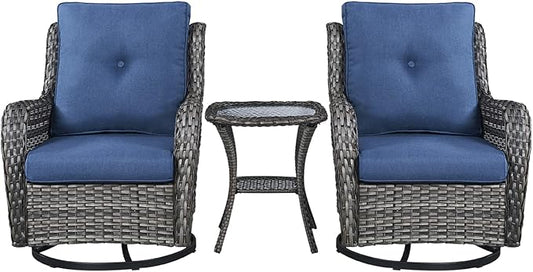 Rilyson Wicker Rocking Chair Swivel Chairs - 3 Piece Rocker Patio Furniture Set Rattan Rocking Bistro Sets with Glass Top Side Table for Outdoor Porch Deck Garden Backyard (Mixed Grey/Blue)