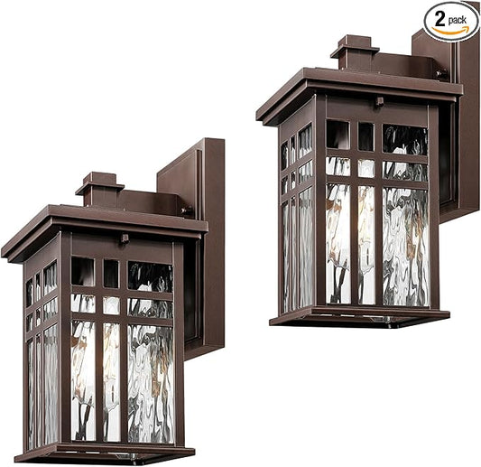 zeyu 12 Inch Patio Wall Light Fixture, 2 Pack Outdoor Modern Wall Lights, Die-Cast Aluminum, Oil Rubbed Bronze Finish with Water Ripple Glass Glass, 20068B1-2PK ORB WP