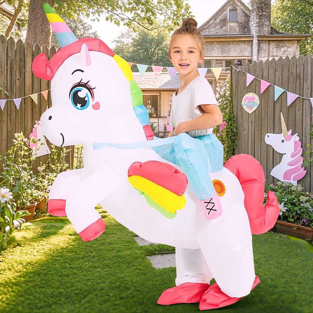 JUROSAICA Unicorn Costume Kids Inflatable Costume Ride On Rainbow Blow Up Halloween Costumes For 4-6 Years Old Boys Girls Child