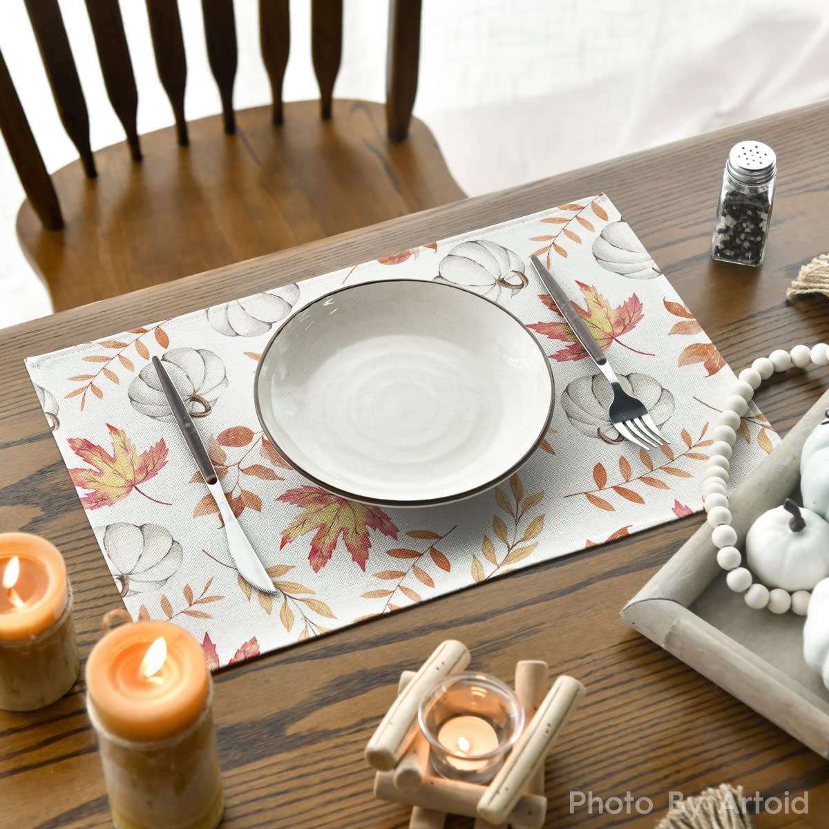 Artoid Mode Orange Maple Leaf Pumpkin Fall Placemats Set of 4, 12x18 Inch Seasonal Autumn Table Mats for Party Kitchen Dining Decoration