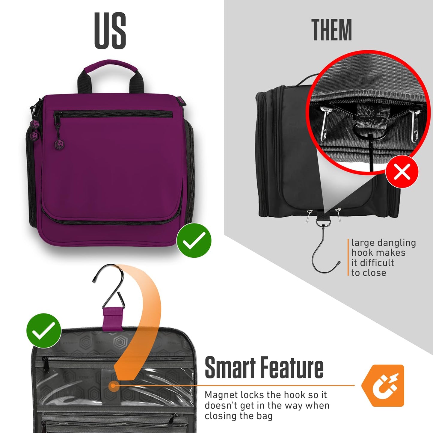 VENTURE 4TH Hanging Travel Toiletry Bag for Women & Men - Travel Organizer with Expandable Compartments & Removable Clear Pouch for Toiletries, Purple, Plain