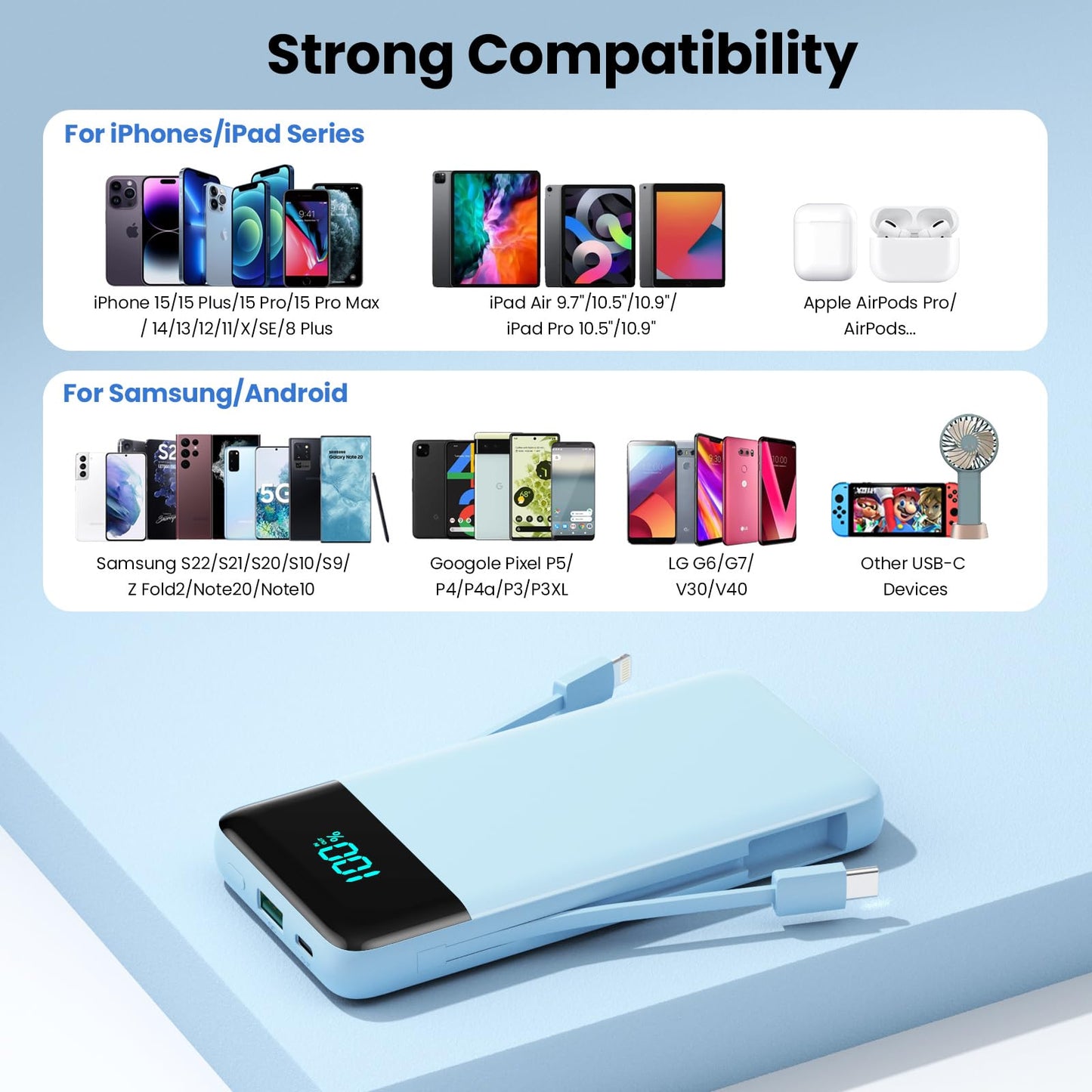 Portable Charger for iPhone with Built in Cables and Wall Plug,Upgraded 13800mAh Fast Charging USB C Power Bank,4 Outputs Travel Essential Battery Pack Compatible with iPhone 15/14/13,Samsung-Purple