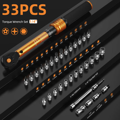 33PCS 1/4 Torque Wrench Set 3-25 Nm, Small Torque Wrench Bike, Dual-Direction 72 Teeth, ±3% Accuracy, with Extension Bar, Socket Bits (Hex & Torx & Philip), for Mountain Bike, Bicycle Repair