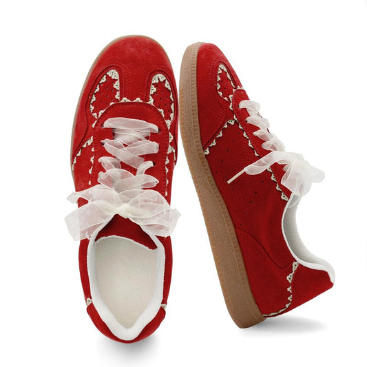 UBWDU Fashion Ballet Sneakers for Women Trendy Cute Ribbon Lace-Up Comfortable Casual Spring Shoes Red Size 9