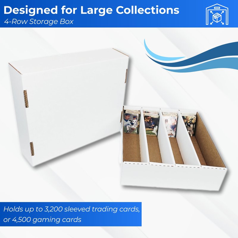Max Protection 4 Row Trading Card Storage Box - 3200 ct Storage Box for Sports, Gaming, Baseball Cards - Durable White Corrugated Bulk Card Organizer Boxes 200 lb. - Made in USA (1 Box)