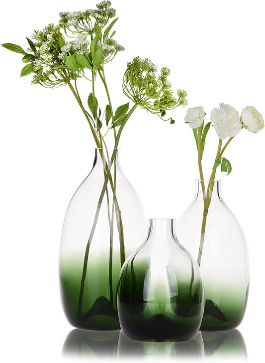 CONVIVA Modern Green Vase Set, Glass Flower vases,Large Decorative Centerpieces Kitchen Island Dining Table Living Sunroom Office Tabletop Set of 3,11"+9"+7" H