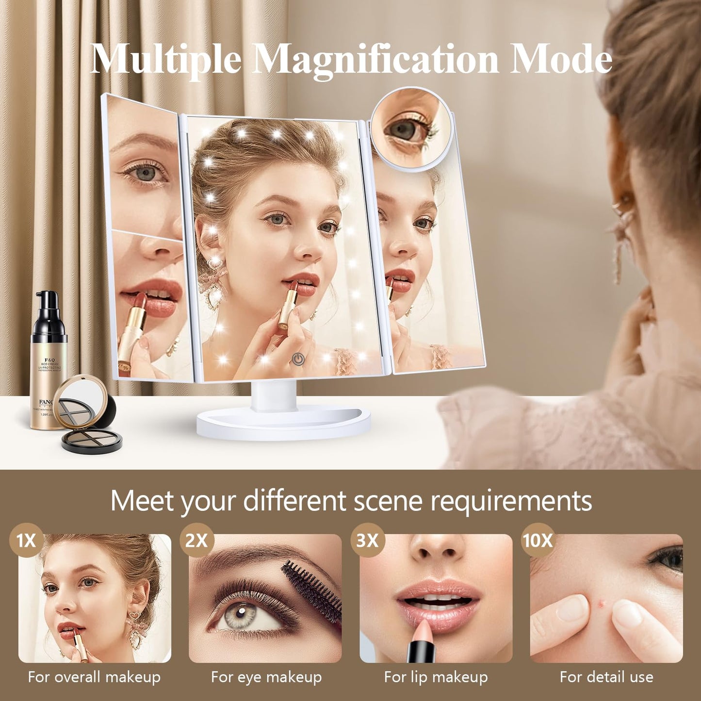HUONUL Makeup Mirror Vanity with Lights, 2X 3X 10X Magnification, Touch Control, Trifold Mirror, Dual Power Supply, Gifts for Women, Wife, Mom, Teengirls(White)