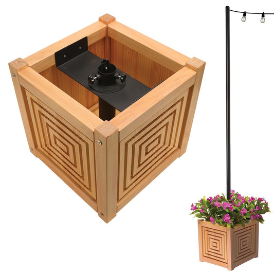 EXCELLO GLOBAL PRODUCTS 14" Jardin Square Panel Wooden Outdoor Pole Planter – Natural Modern Patio Planter Box for Deck, Porch, Balcony & Garden Decor