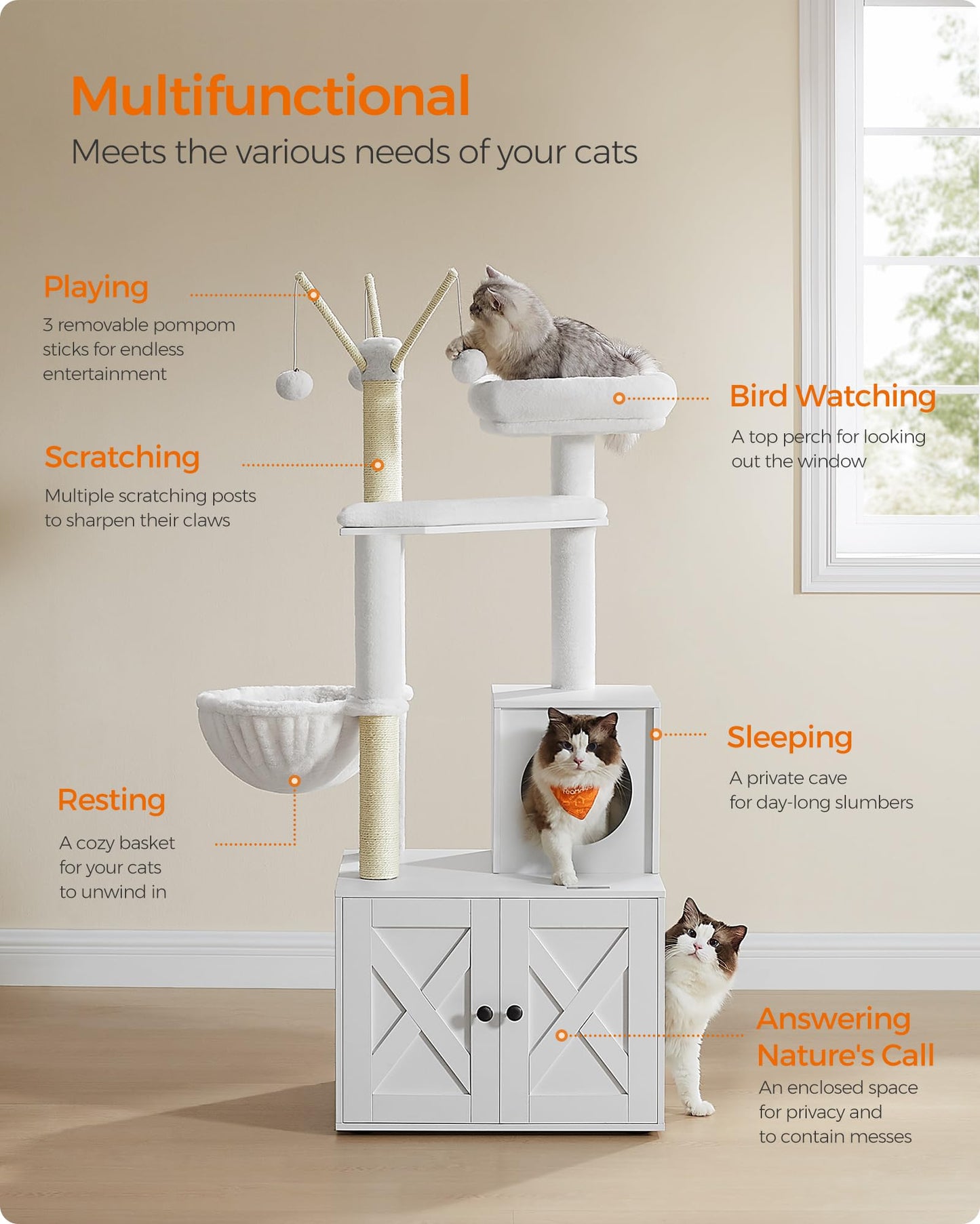 Feandrea Cat Tree with Litter Box Enclosure, 2-in-1 Modern Cat Tower, 55.1-Inch Cat Condo with Scratching Posts, Removable Pompom Sticks, Cloud White UPCT113W01