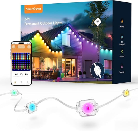 Permanent Outdoor Lights, 200FT with 128 Smart RGBIC LED Lights, DIY Scene Mode, IP68 Waterproof Christmas Light for Daily and Accent Lighting, Outdoor Decor, House Roof, Holiday Decorations