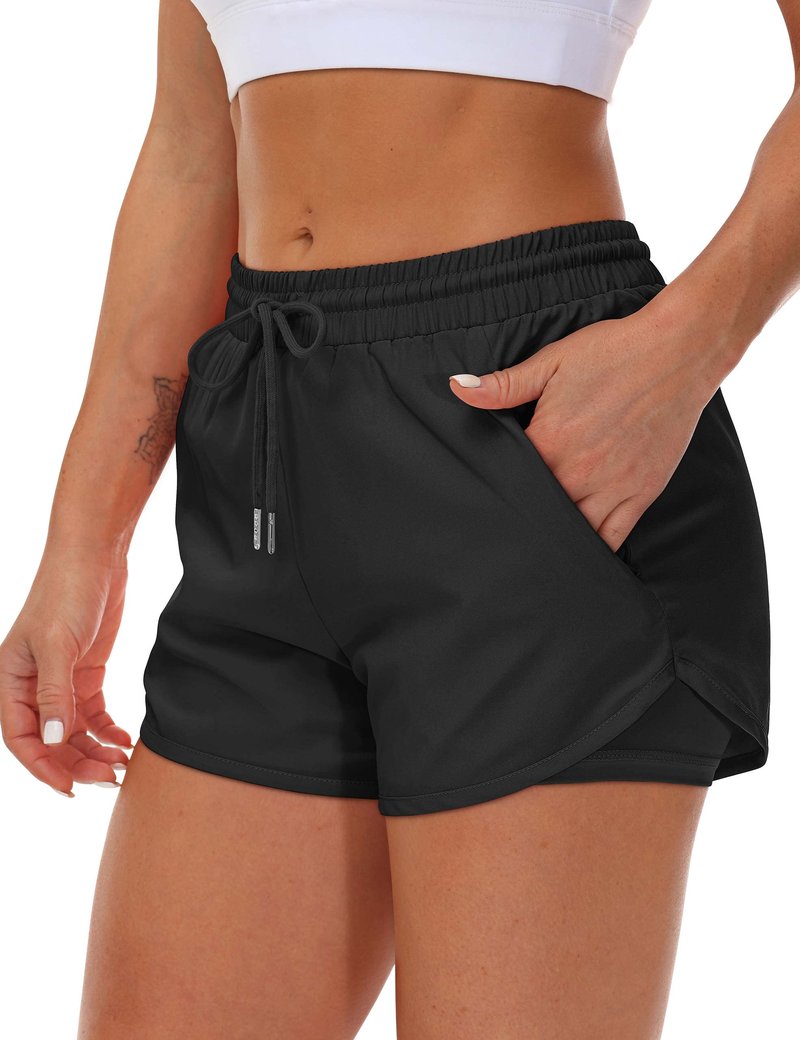Mancreda Women's Running Shorts with Liner 3 Zipper Pockets Elastic Workout Athletic Gym Yoga Shorts(BK,XXL) Black