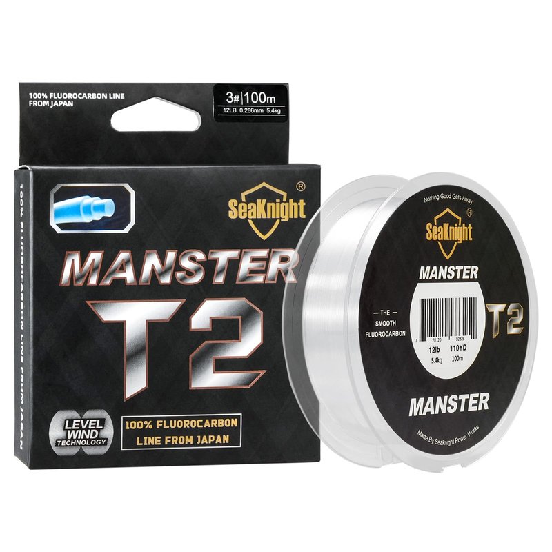 SeaKnight T2 100% Fluorocarbon Fishing Line, 110YD Japanese Material Leader Line, Low Visibility High Strength Abrasion Resistant for Saltwater Freshwater Fishing (3-35LB)