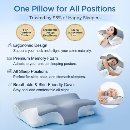 Effective Pain Relief Cervical Neck Pillow for Sleeping, Memory Foam Pillows for Neck Support, Odorless Contour Side Pillow, Ergonomic Bed Pillow for Back Stomach Sleeper (Grey and White)