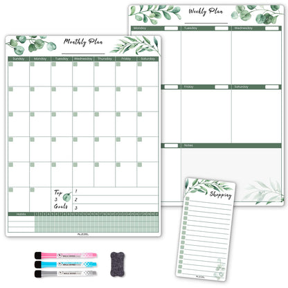 ALEZEL Magnetic Calendar for Refrigerator, Greenery Dry Erase Fridge Calendar Set (3 Boards) - Monthly & Weekly Planner Whiteboard, Shopping List White Board, 3 Markers + Eraser