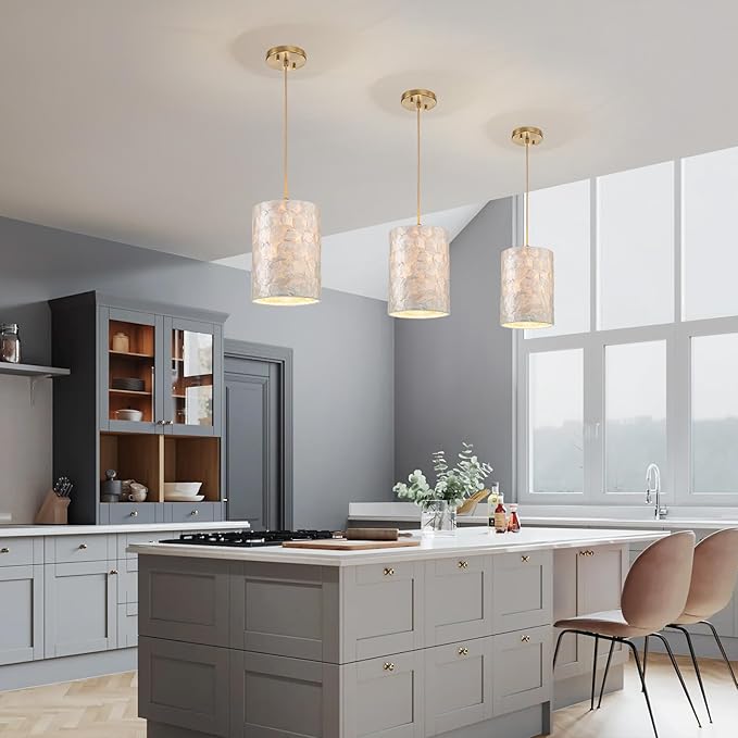 1-Lights Capiz Shell Chandelier, Coastal Design, Modern Pendant Light Fixture for Dining Room, Living Room, Kitchen Island, D7 x H18~66"(Adjustable Height), Shell Lampshade & Gold Finish Frame