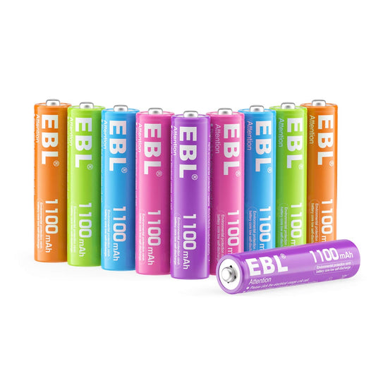 EBL Rechargeable AAA Batteries 10 Pack High Capacity 1100mAh (10 Pack- 2 * 5 Color in One Box) 1.2V Ni-Mh Triple AAA Battery ProCyco Technology