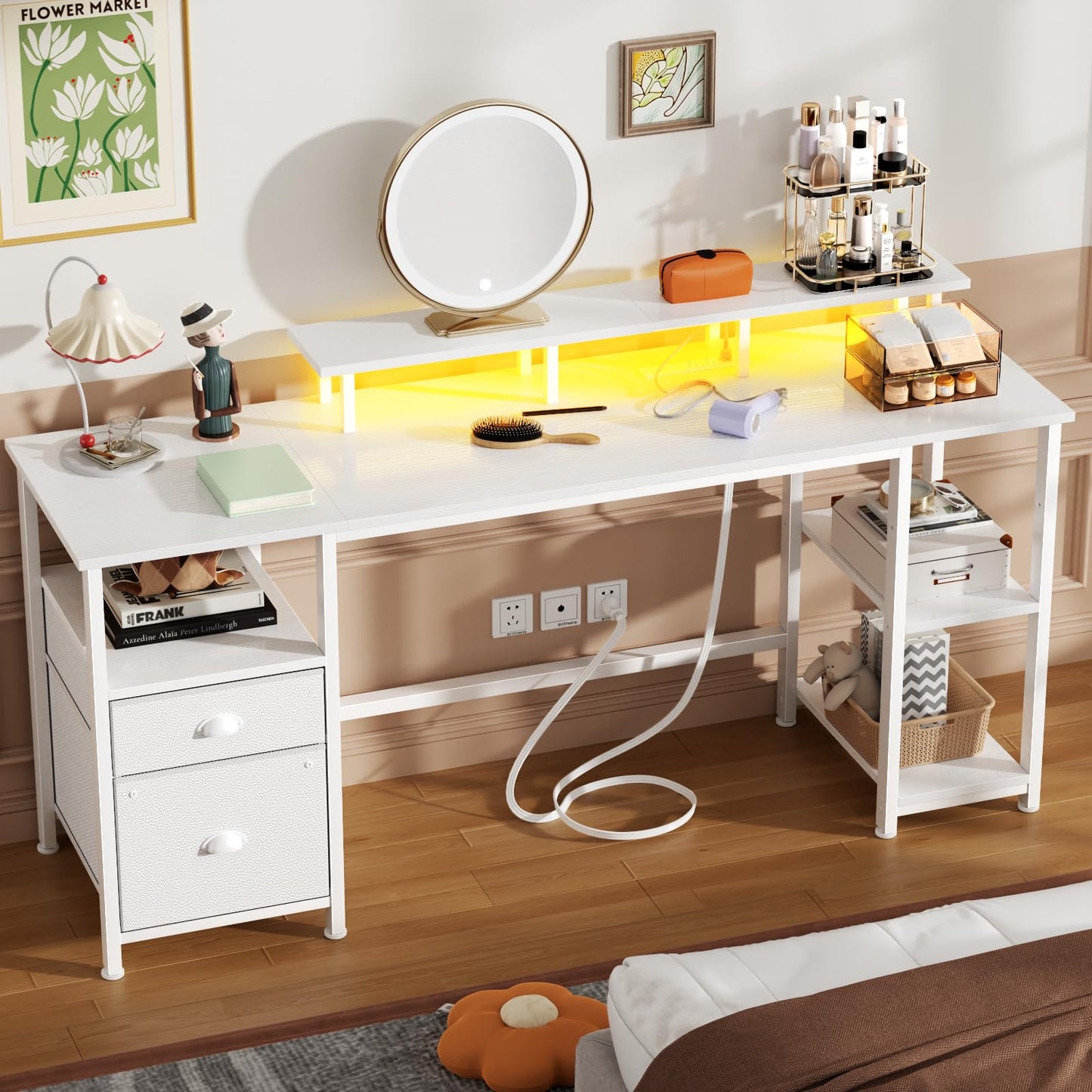Furologee 61" Desk with LED Light & Power Outlets, Reversible Computer Table with File Cabinet & Drawer, White Gaming Desk Writing Table with Dual Monitor Stand, for Home/Office/White