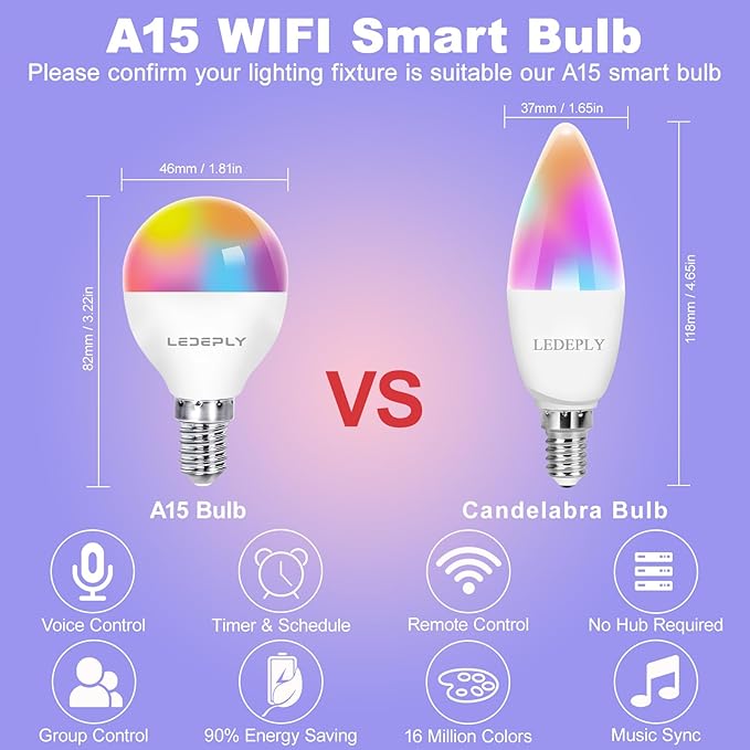 5W=40W, LED Smart Bulb, A15 Globe Shape, Compatible with Alexa, Google Home, E12, Dimmable, WiFi, Color Changing, Tunable White 2700K-6500K, G45 Ceiling Fan Light Bulbs, 1 Pack, No hub Required