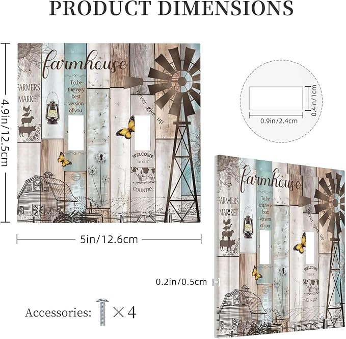 Rustic Western Farmhouse Windmill 2 Gang Light Switch Plate Cover Vintage Barn Wooden Plank Inspirational Quote Double Toggle Wall Plate Decorative Switchplate Electrical Faceplate