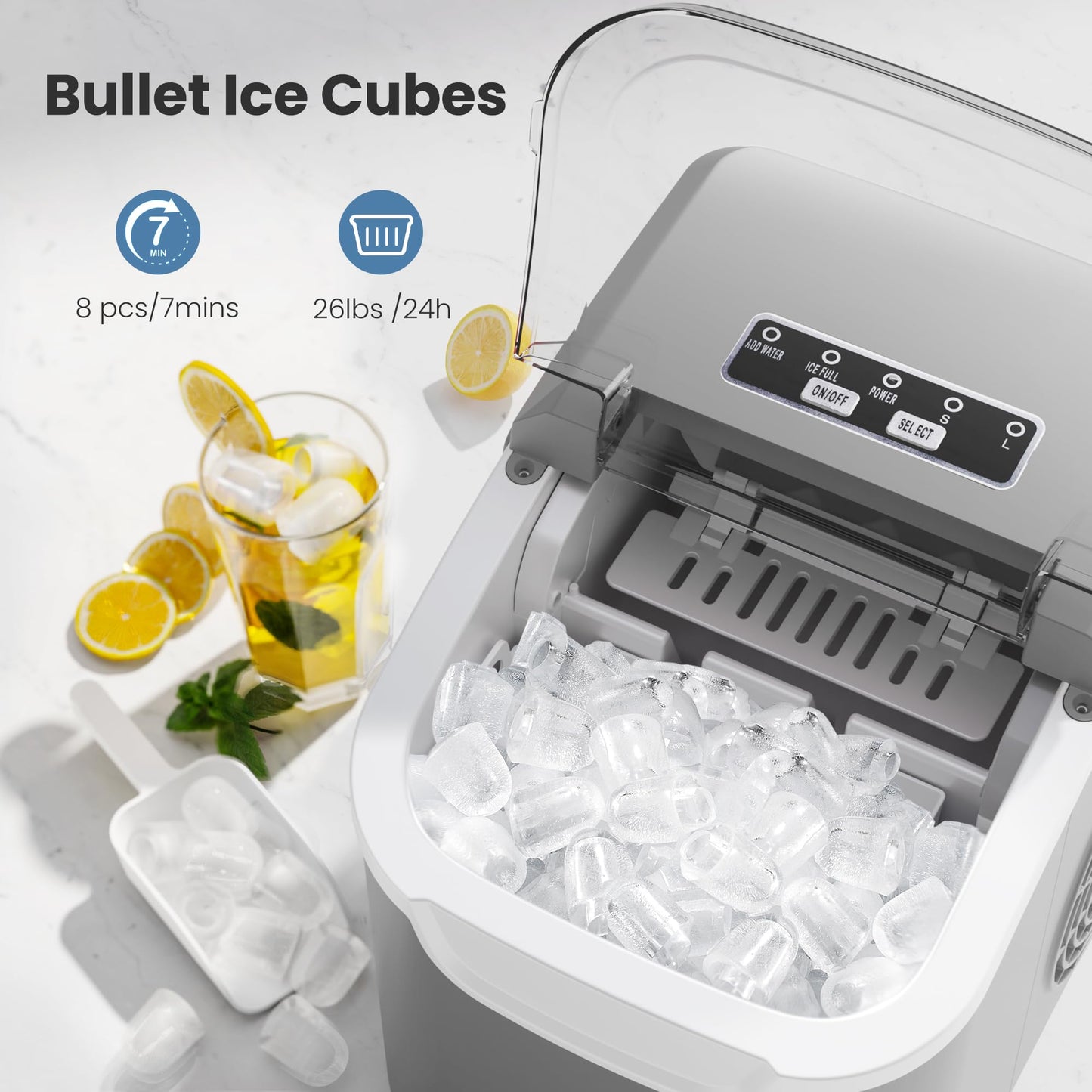 Portable Countertop Ice Maker Machine with Handle, 8 Bullet-Shaped Ice Cubes Ready in 6 Mins, 26Lbs/24H, Self-Cleaning Function with Ice Scoop and Basket for Home/Kitchen/Party (Grey)