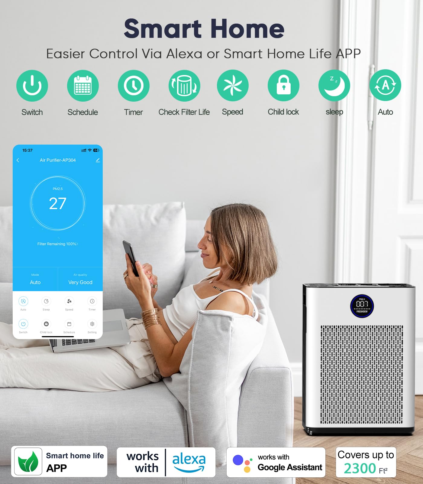 FRESHDEW Air Purifier for Home Up to 2300ft² With H14 True HEPA Smart WiFi Control & Double-Sided Intake | 22dB Ultra Quiet for Bedroom/Pet Homes | Removes Smoke, Odors, Pollen, Dust, Dander