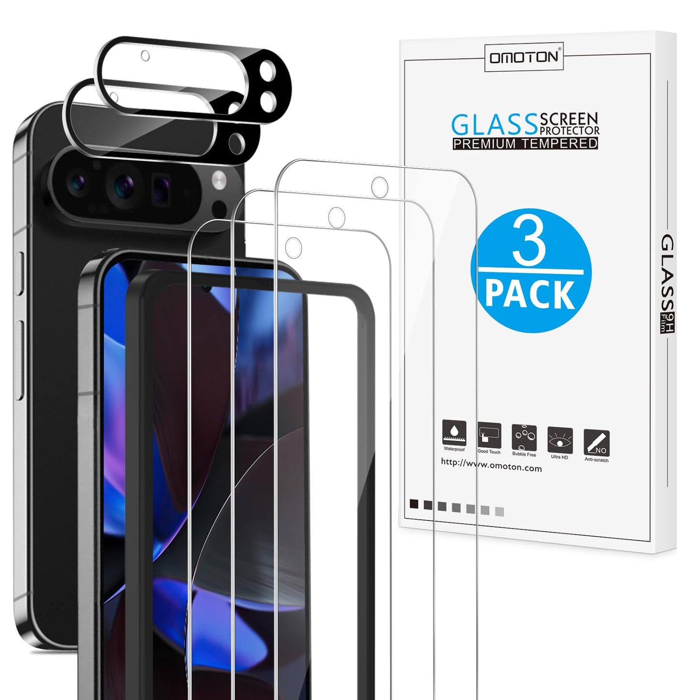 OMOTON 3+2 Pack for Google Pixel 9 Pro XL Screen Protector 6.8 Inch, 3 Tempered Glass Film & 2 Camera Lens Protector, Bubble-free, HD Clear, Not for 9 Pro/ 9