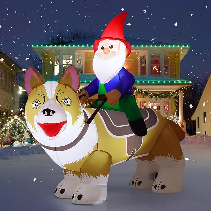 COMIN 5.5 FT Christmas Decorations Outdoor Inflatables Gnomes Ride Corgi Dog Blow Ups with Built-in LEDs for Yard Party Lawn Decor
