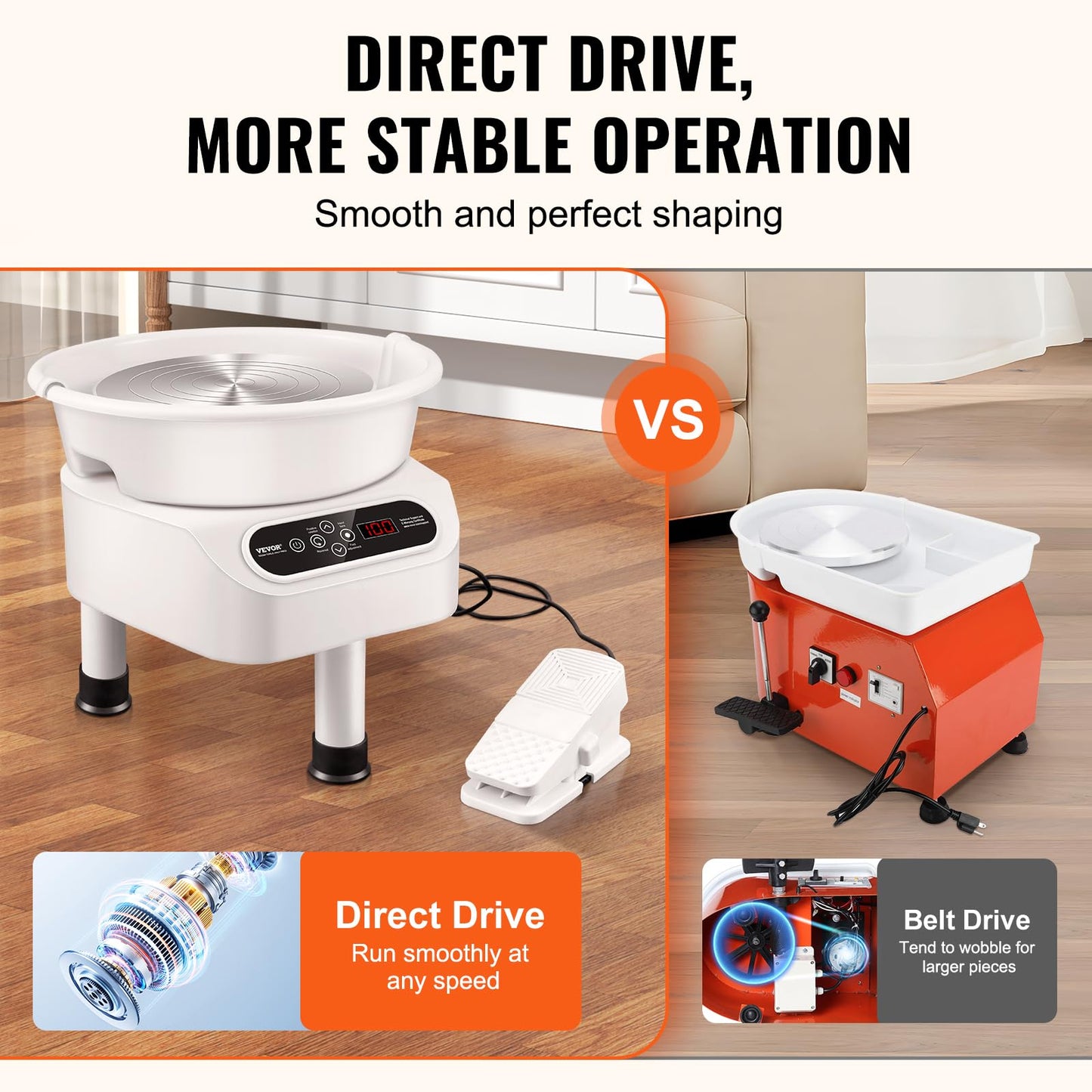 VEVOR Pottery Wheel Direct Drive 350W, 10 inch Ceramic Forming Machine with LCD Touch Screen Foot Pedal 50-300RPM Adjustable Speed, 18PCS Accessory Tools Kit for Adults Beginners, Craft Gift, White