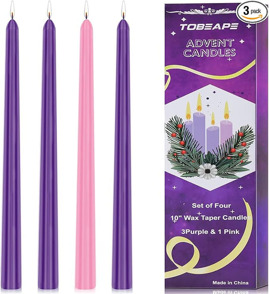 Christmas Advent Candle Set (Set of 4), 10 Inch Christmas Wax Taper Candles, 8 Hours Long Burning Time Dripless Unscented Dinner Candle, 3 Purple & 1 Pink