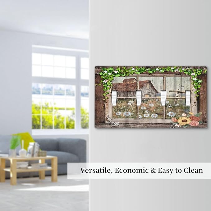 Farm Barn Farmhouse Rustic Country Flower Quad Gang Toggle Light Switch Cover 4-Gang Wall Plates Decorative Electrical Switchplate for Home Bedroom Art Decorate