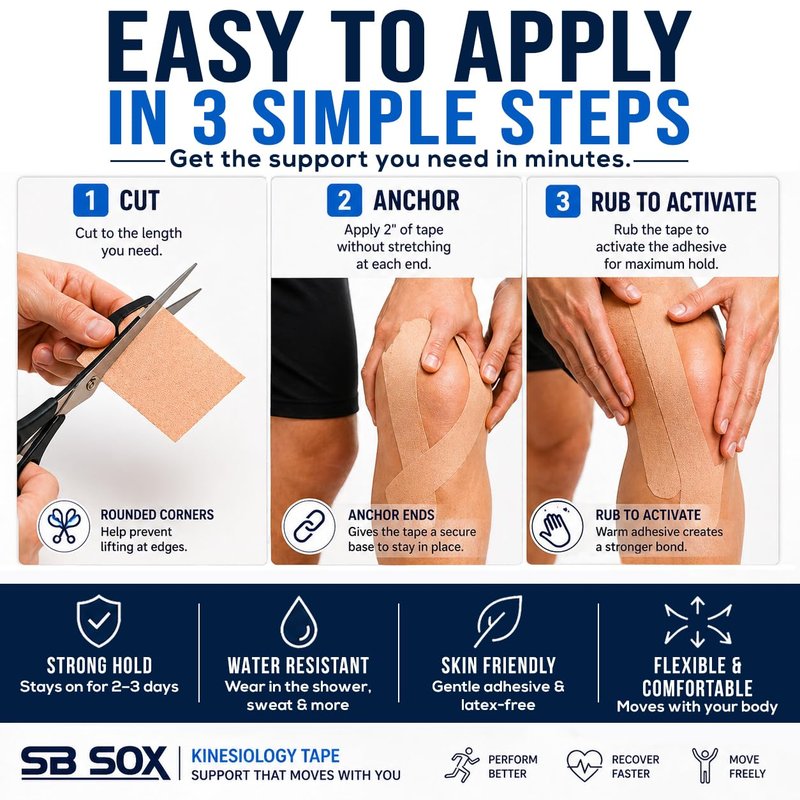 SB SOX Original Cotton Kinesiology Tape Roll – Best Latex Free Athletic Tape for Muscles/Joints – Waterproof, Stretchy, and Gentle on Skin (16ft)
