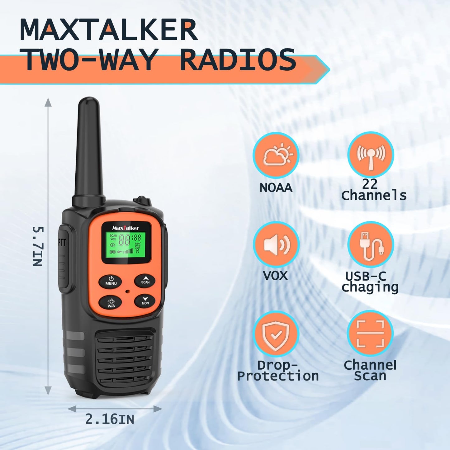 Walkie Talkies Long Range for Adult, MT10 Rechargeable Walkie Talkies FRS Two Way Radio, NOAA, 1200mAh Li-ion Battery USB-C Cable, LED Flashlight, VOX Walkie Talkie for Hiking Camping 2Pack