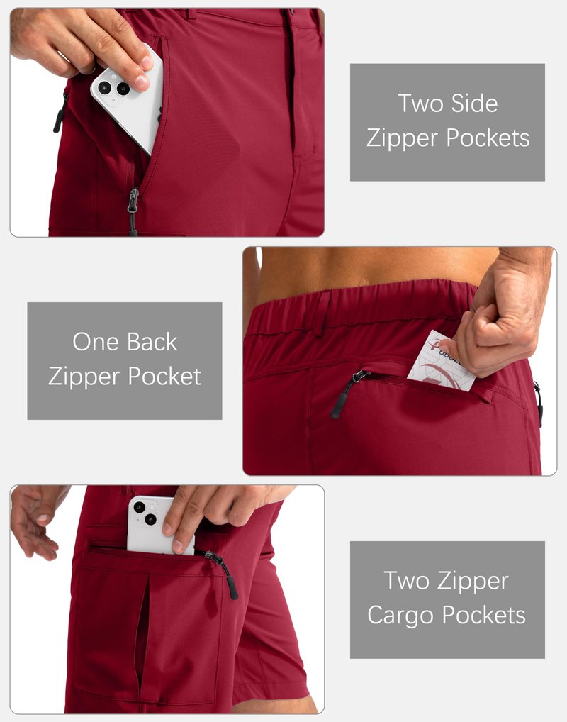 Pudolla Men's Hiking Cargo Shorts 9" Lightweight Outdoor Work Shorts for Men Travel Golf Camping Casual with 5 Zipper Pockets(Red XX-Large)