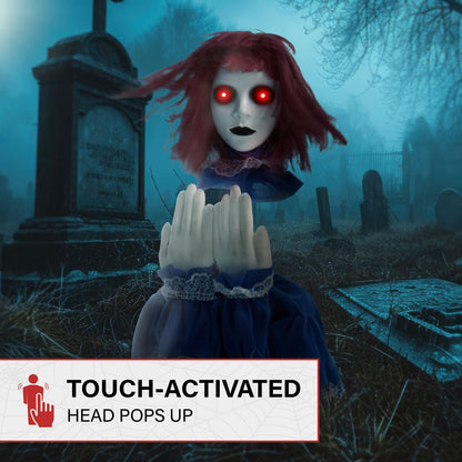 Haunted Hill Farm Scary Pop-up Haunted Doll Halloween Animatronic with Touch Activated Lights and Sound, Battery Operated Indoor or Covered Outdoor Halloween Decorations, Creepy Halloween Props