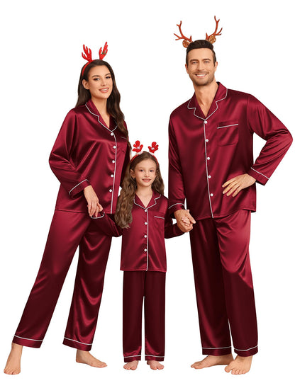 SWOMOG Family Matching Pajamas Set Silk Satin Button Down Sleepwear Long Sleeve Nightwear 2 Pcs Pj Set Men Wine Red Large