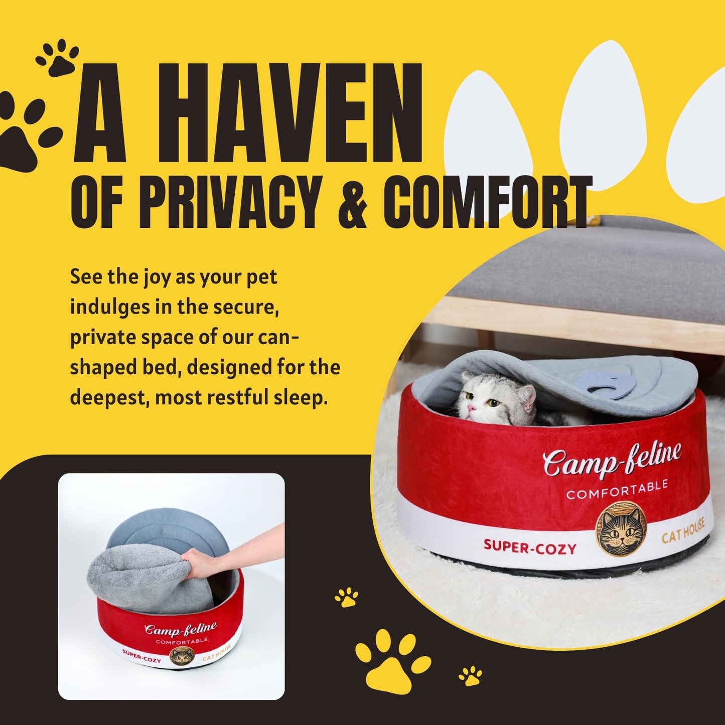 PECHVINO Can-Shaped Cat Bed with Privacy Cover - Comfortable Cushion for Cats & Small Dogs