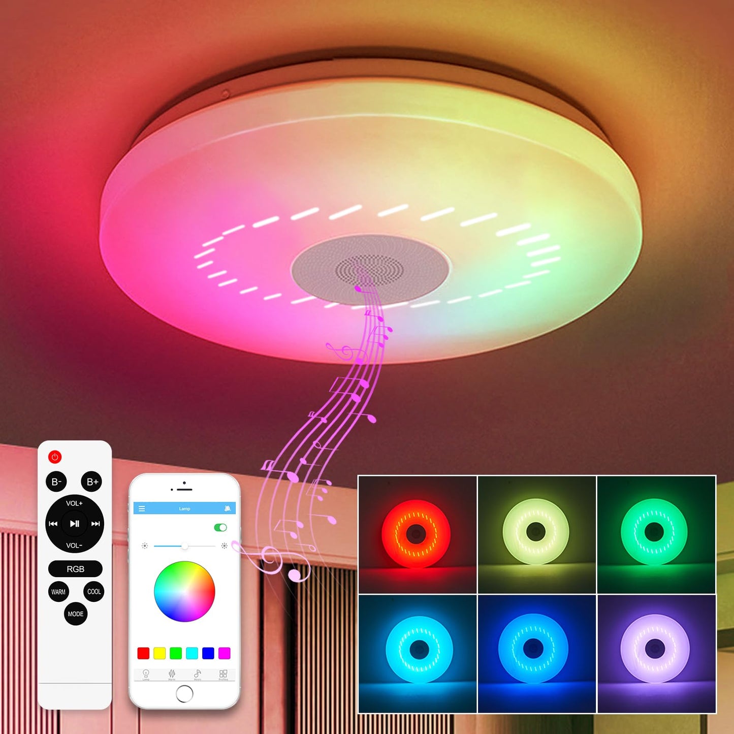 56W RGB LED Ceiling Light with Bluetooth Speaker Ceiling Lamp with remote control Dimmable color changing lamp for family party Christmas cool/warm lighting for Children's Room Living-and Bedroom