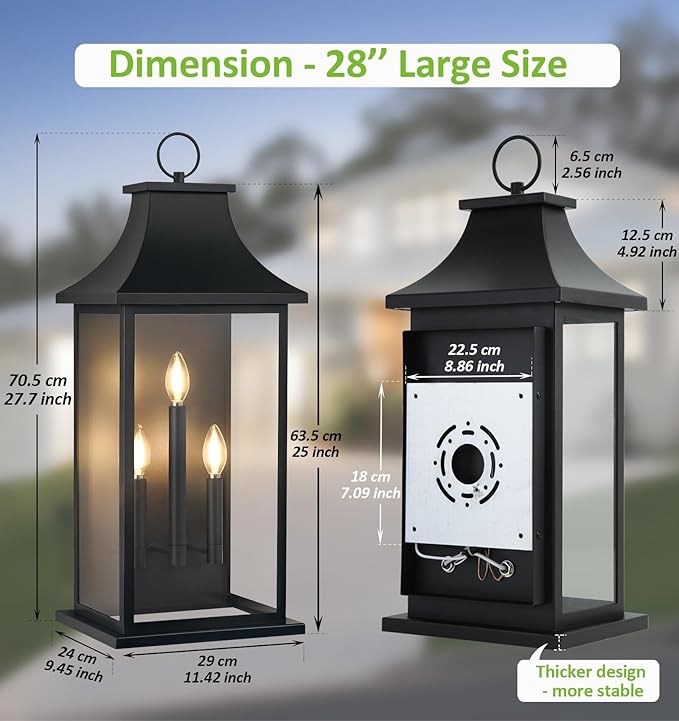 tewei 28'' Large Outdoor Wall Light, Porch Light Outdoor Wall Sconce Lantern, 3-Light Black Exterior Lighting Fixture Wall Mount, Outside Light for House Garage, 1-Pack