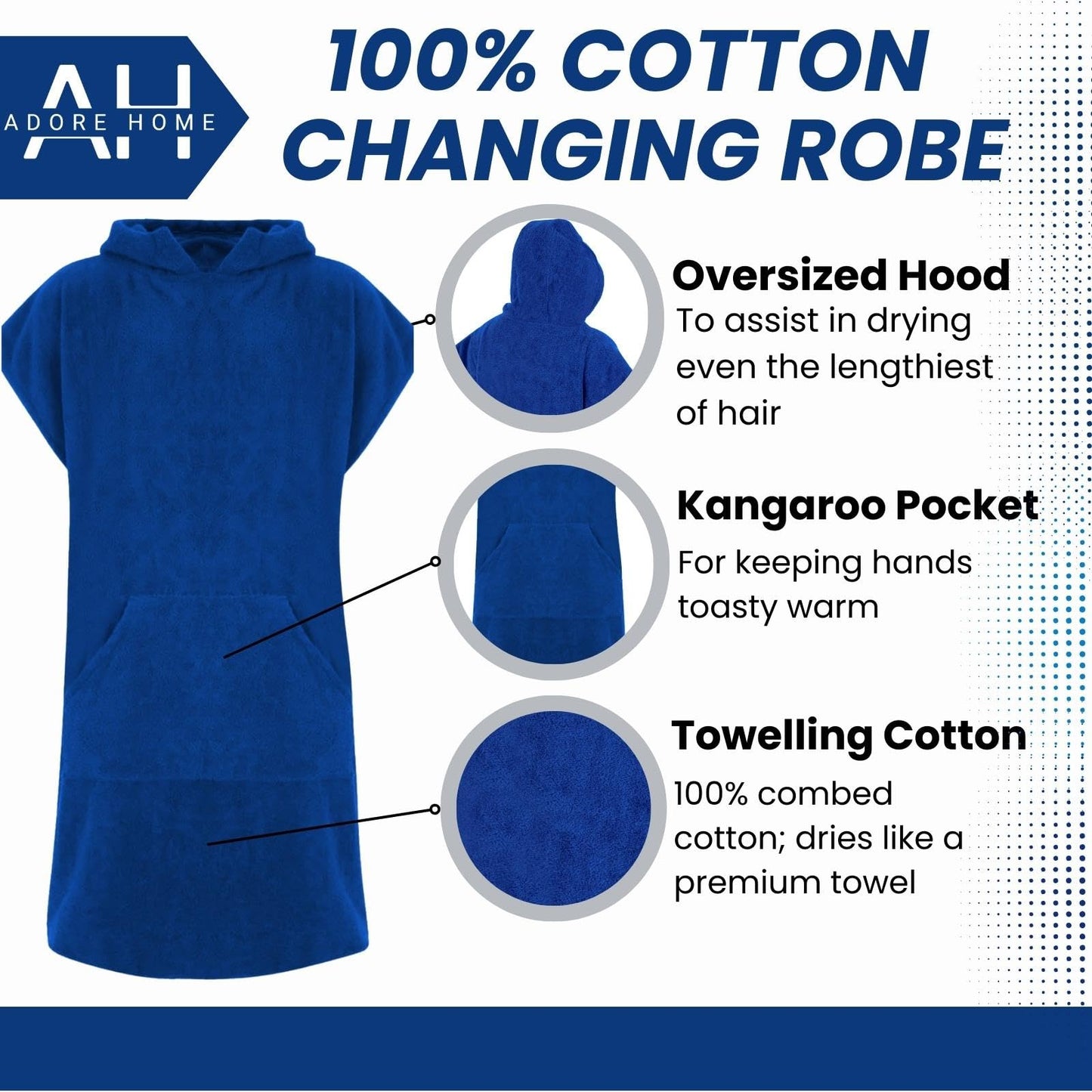 Adore Childrens Hooded 100% Cotton Changing Robe with Pocket Beach Terry Towelling Poncho Towel Swimming Surf (Royal Blue, Age 10-13)