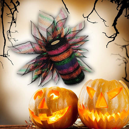 NBHH Halloween Mesh Ribbon Deco Fall Metallic Foil Black Purple Orange Green Border Striped Deco Mesh Wire Ribbon Rolls for DIY Halloween Wreaths Decorations Wrapping Craft, 4 Rolls(6 inch Wide)