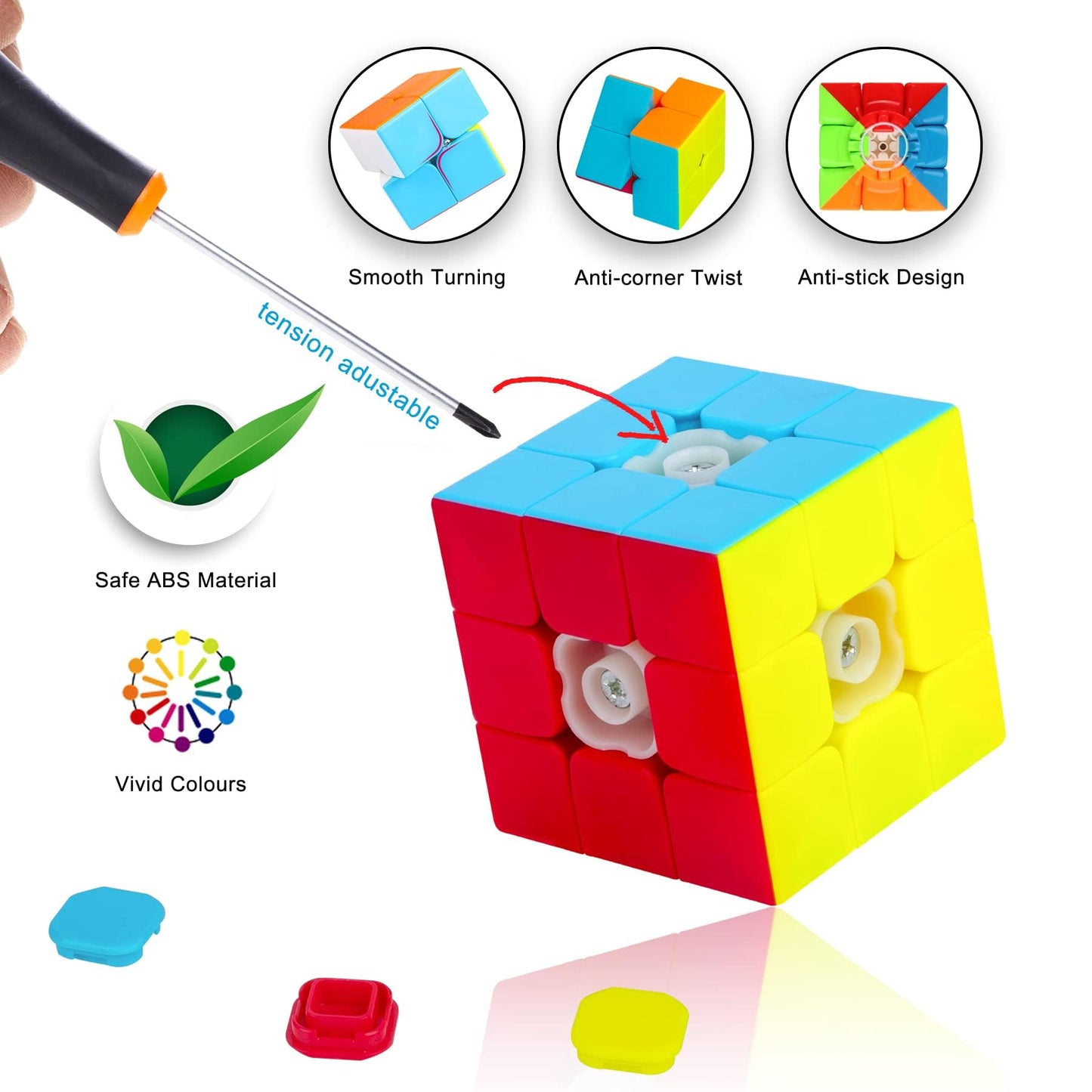 Coolzon Speed Cube Set, 4 Pack Stickerless Magic Cube Set 2x2 3x3 4x4 Pyraminx Triangle, Easy Turning 3D Puzzle Cube Games Toy Present for Kids Adults