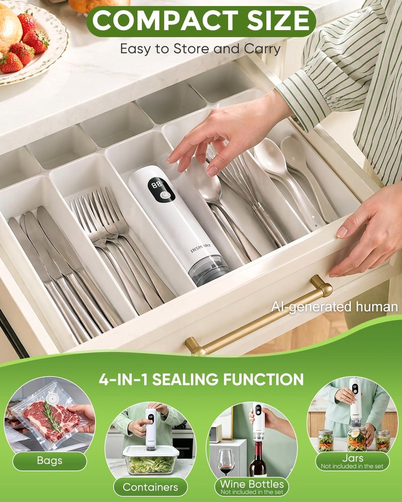 INSMART Compact Vacuum Sealer for Food (Vacuum Sealer Machine + 30 Reusable Vacuum Bags), Powerful Handheld Vacuum Sealer Machine with Visible Water Tank, LED Display & Portable