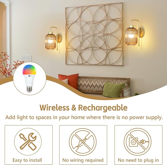 Vintage Gold Wireless Wall Sconces Battery Operated, Rechargeable Wall Lights Set of 2 with Amber Stripe Glass Shade, Remote and Bulb, Cordless Sconces Wall Decor for Bedroom Living Room