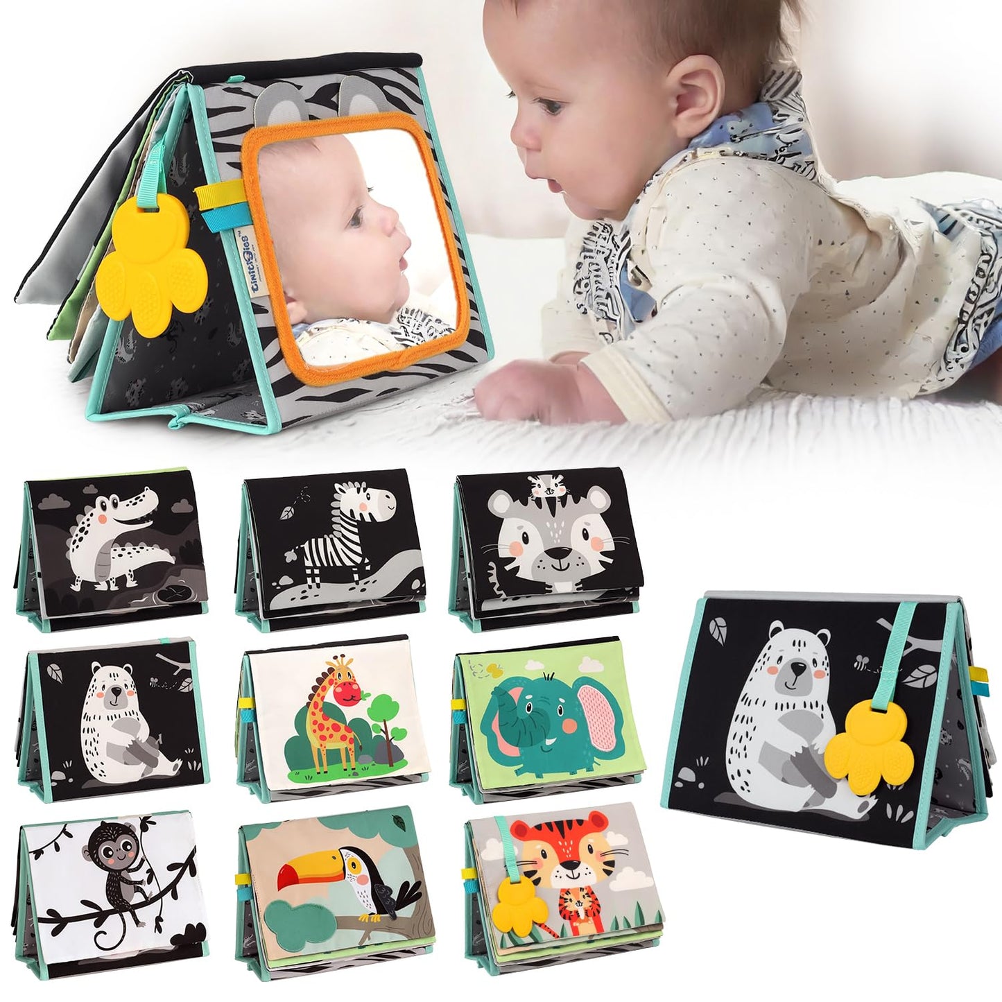 TINITIGIES Tummy Time Mirror for Babies - High Contrast Book with Large Stimulating Baby Safe Mirror & Silicone Teether & Crinkle Pages - Perfect Tummy Time Toys for Babies 0 3 6 9 Months