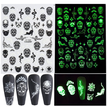 Luminous Nail Stickers - 3D Halloween Nail Art Designs - Skull, Ghost, Pumpkin, Spider, Bat Decals - Self-Adhesive, 6 Sheets
