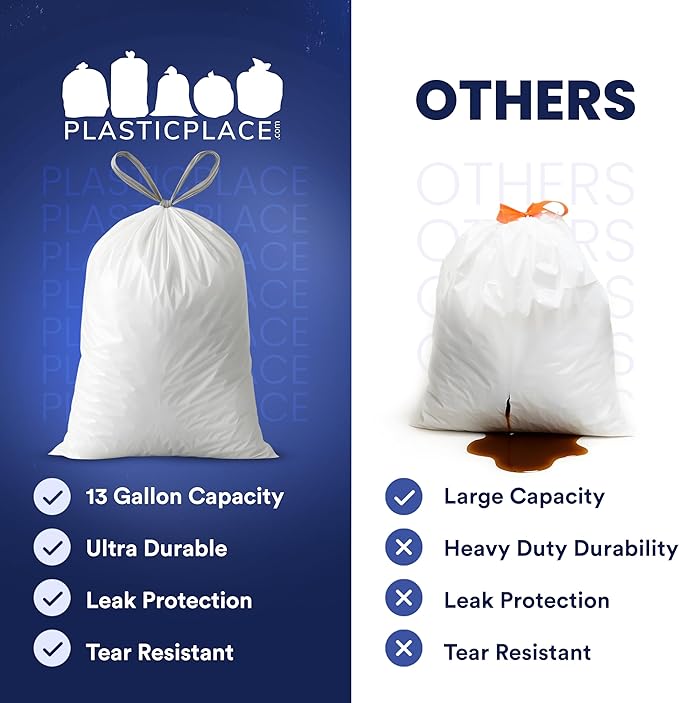 Plasticplace 4 Gallon White Drawstring Trash Bags, – 0.7 Mil Leak-Proof Garbage